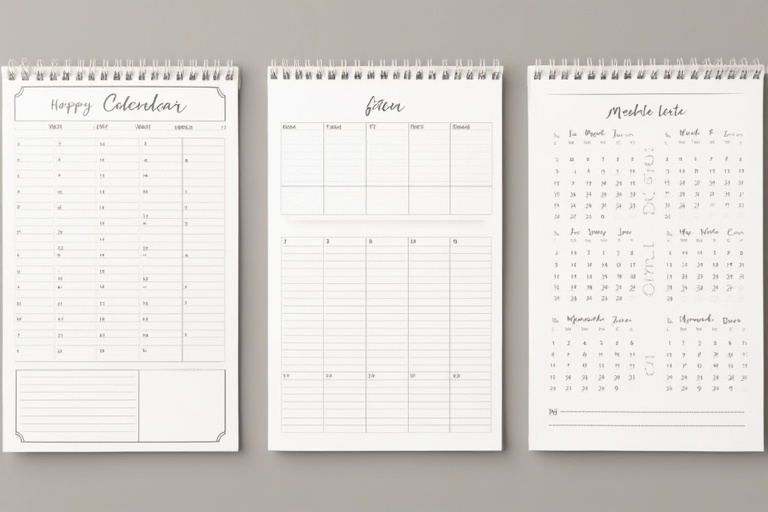 Include three distinct calendar designs. One has a modern style with clean lines. The second features a traditional weekly layout. The third is a compact monthly view. All designs are in black and white, appealing to minimalists.