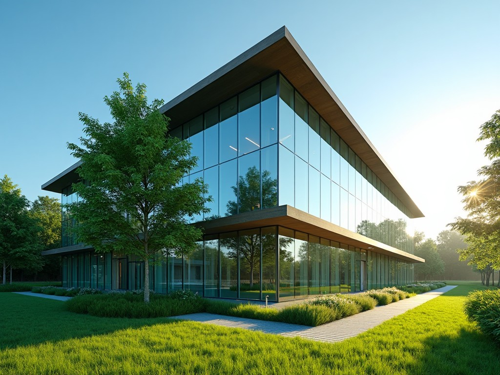 The image portrays a modern, eco-friendly office building surrounded by lush greenery. It features large glass windows that reflect the bright sunlight, creating a warm and inviting atmosphere. In front of the building, there are trees and native plants, emphasizing sustainability and clean energy. The scene is set against a clear blue sky, enhancing the sense of openness and tranquility. The well-lit environment conveys a calm professionalism, ideal for corporate settings.