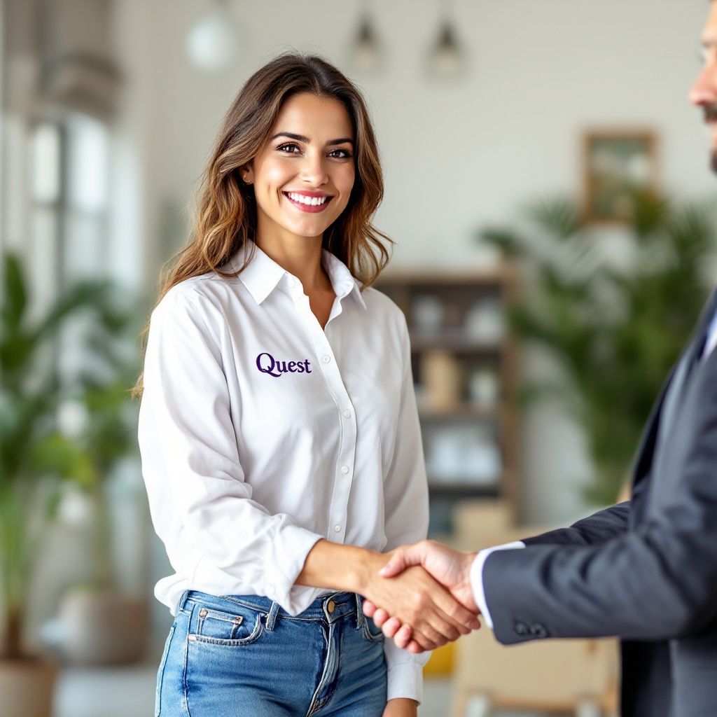 A warm and friendly daycare teacher stands confidently. She wears a white shirt with purple embroidery and blue jeans. She shakes hands with a business executive in sleek attire. The setting is professional yet welcoming, reflecting warmth and professionalism.