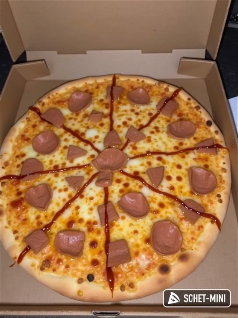 Pizza with chocolate toppings. Pizza with candied pieces. Boxed pizza with ketchup design. Unusual pizza toppings.