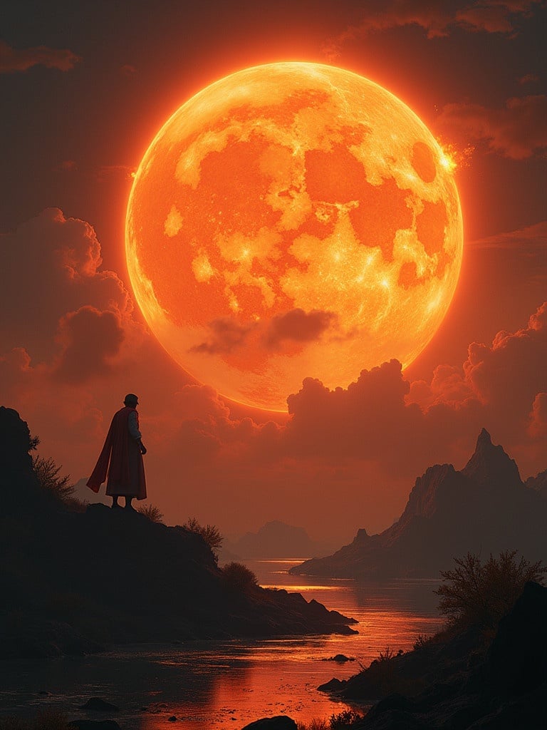 A heroic figure stands on a rocky outcrop gazing at a colossal orange moon. The sky is filled with clouds that reflect the moon's glow. The landscape is dark with hints of water and silhouettes of distant mountains.