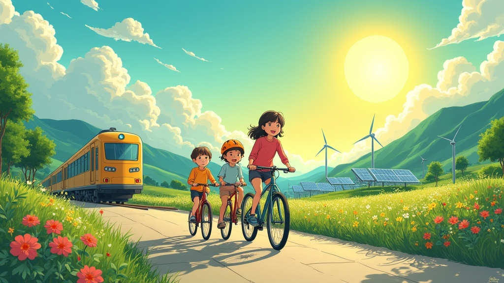 A comic-style illustration inspired by solarpunk and Studio Ghibli. Family enjoys biking on a path surrounded by greenery and flowers. Modern train runs in the background. Sun is shining over the landscape with renewable energy features.