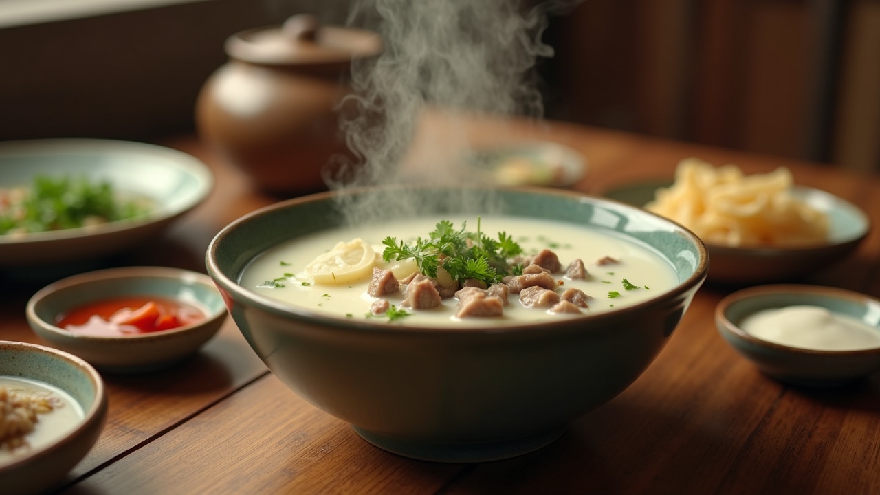 The scene captures the warmth of enjoying mutton soup at winter's beginning. In the center, a large bowl of steaming mutton soup, milky white and rich, showcases pieces of mutton and ginger slices. Garnished with coriander and chopped green onions, it adds freshness. Surrounding this bowl are small dishes filled with minced garlic, chili sauce, and white vinegar. The setting is a warm wooden dining table radiating gentle light, evoking tranquility and comfort during winter. Every detail brings richness to the image, enhanced by soft color correction for a film-like quality.