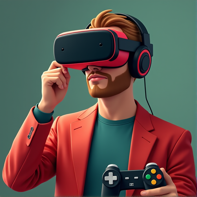 The image showcases a stylishly dressed individual wearing a red virtual reality headset and headphones, holding a gaming controller.