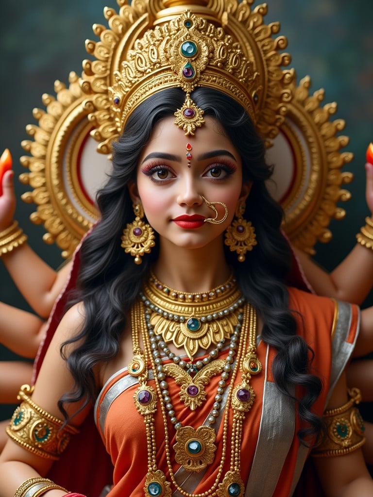 Statue of Durga Maa with multiple arms. Goddess adorned with jewelry and traditional attire. Rich details in the fabric and accessories. Decorative backdrop enhances the artistic representation.