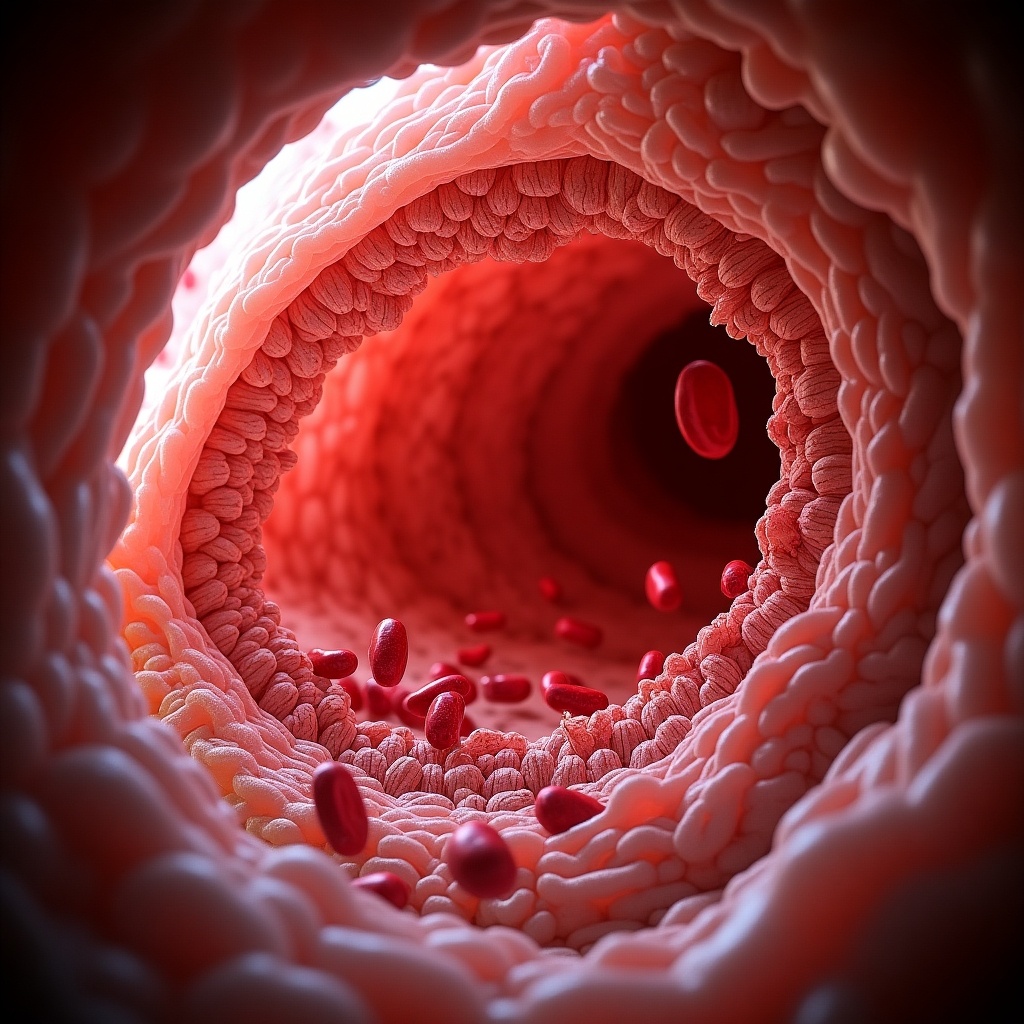 Close-up view inside the artery. Detailed view of arterial walls. Red blood cells circulating within the artery.