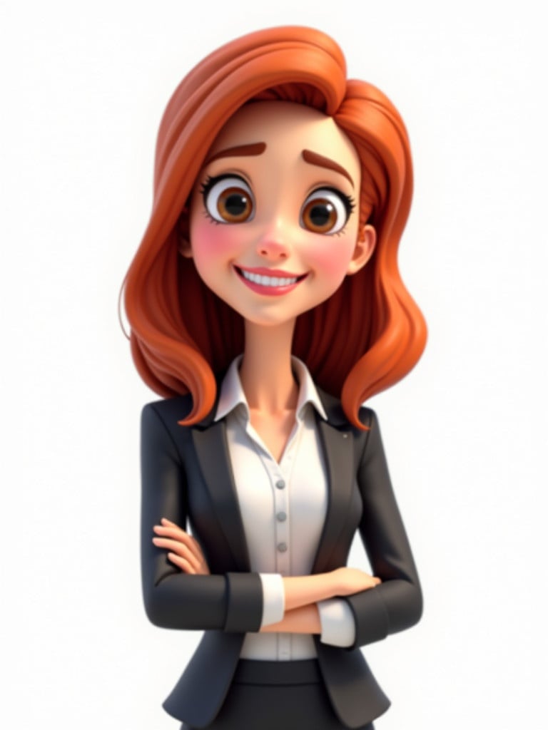 Cartoon character of a young woman in business clothing. Character has red shoulder-length hair and a bit sad expression. Background is plain white. Designed in realistic 3D style. The character shows a modern aesthetic and dynamic energy. Visual shows her until the torso.