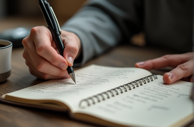 A person is writing in a notebook with a black pen on a wooden table.