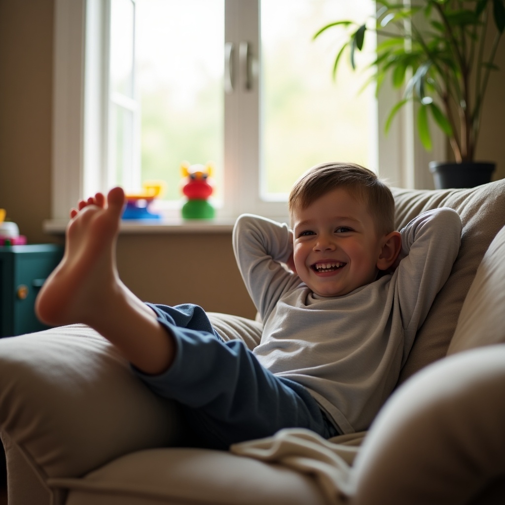 A young boy comfortably relaxing in a cozy living room. He is sitting on a soft, light-colored sofa with his feet propped up. The boy has a big smile on his face, exuding happiness. Bright natural light fills the room from nearby windows, highlighting the cheerful atmosphere. Green plants and colorful toys are subtly placed in the background, adding to the homey feel.