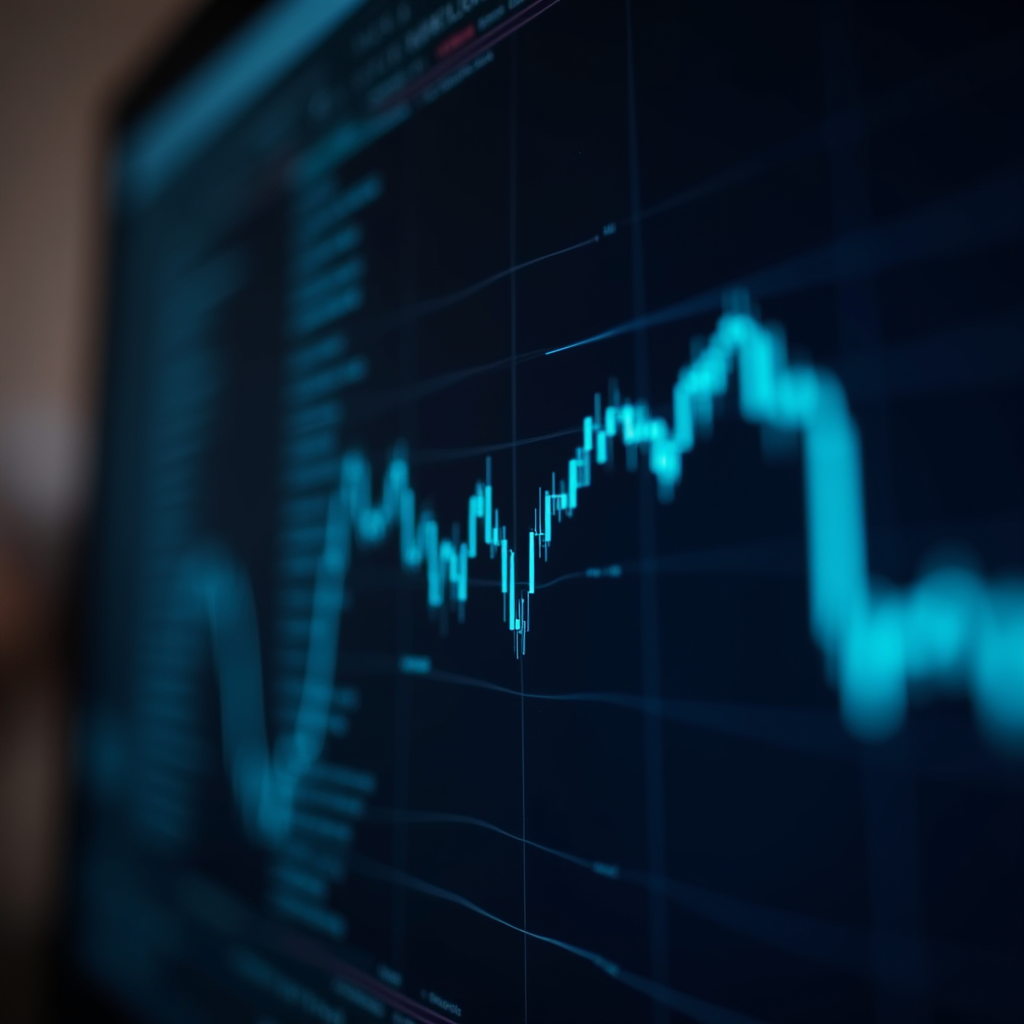 A close-up of a fluctuating stock market line chart glowing on a screen.