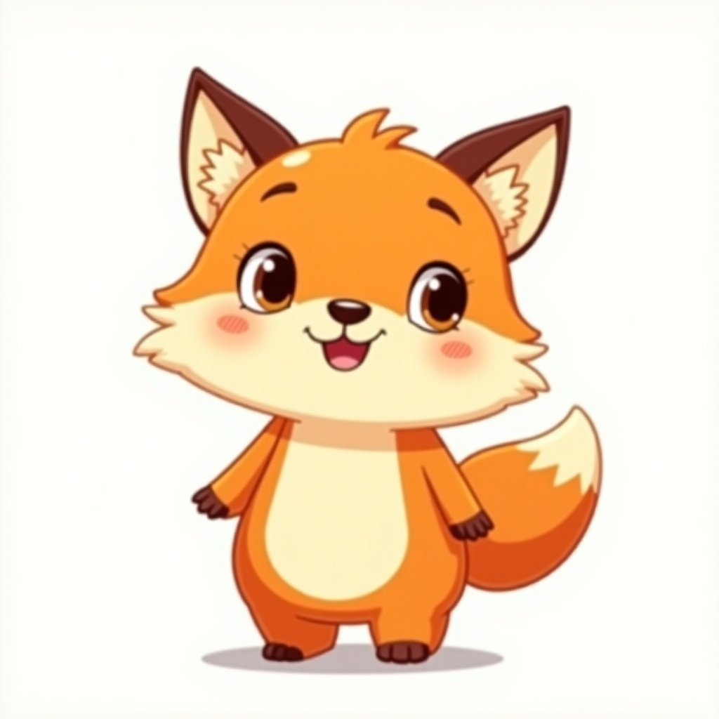 Cartoon fox designed for children's cartoon. Bright orange body with lighter cream on the belly and face. Pointed ears with darker tips. Large round eyes convey a playful expression. Cute posture with a bushy tail that has color gradient. Overall style is simple and appealing for a young audience.