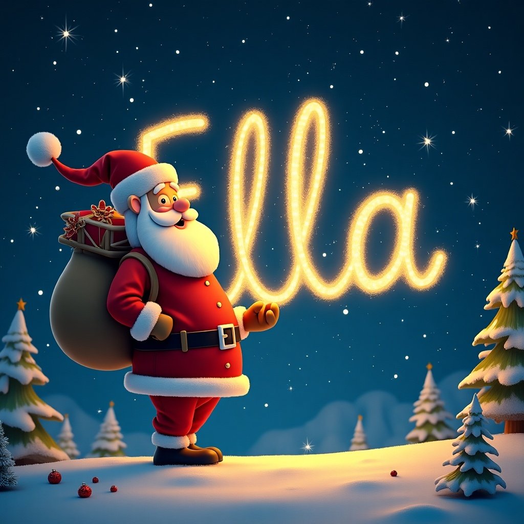 Santa Claus stands joyfully in a snowy landscape. He wears a traditional red suit and a big beard. A large sack filled with gifts is slung over his shoulder. He writes the name 'Ella' in sparkling letters against a starry night sky.