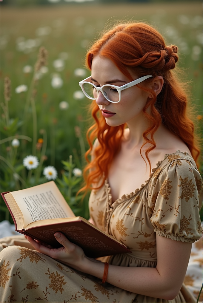 A woman with red hair and glasses reads a book in a field of flowers.