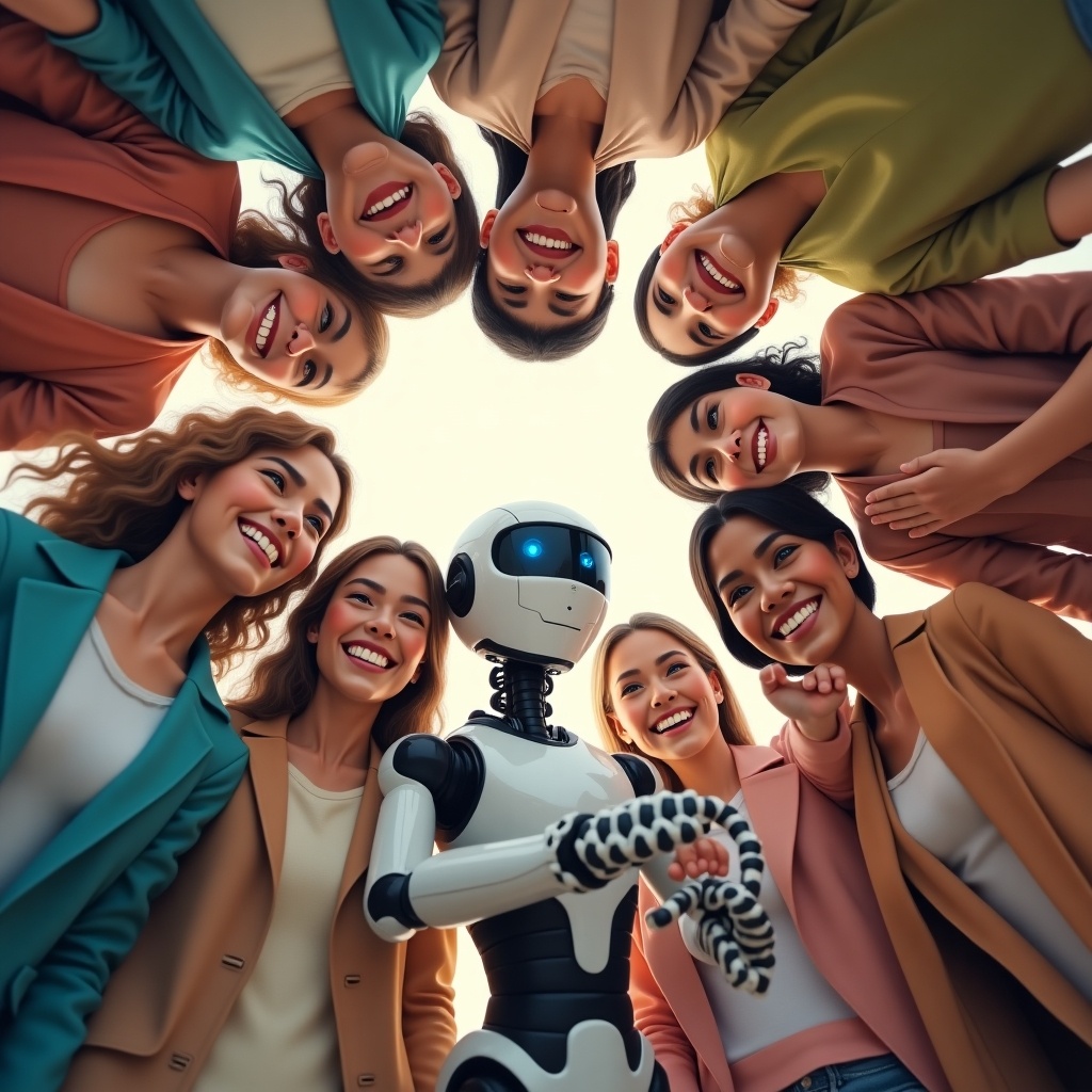 A vibrant circle of ten individuals of various ages, cultures, and ethnicities are captured with wide, beaming smiles. Each person is holding hands, symbolizing unity and togetherness. In the center stands a humanoid robot, representing the integration of technology and humanity. The robot gazes joyfully at the group, enhancing the feeling of connection. The scene radiates positivity and celebration of diversity. The photograph is taken from a low angle, emphasizing the group’s harmony and their shared moment together.