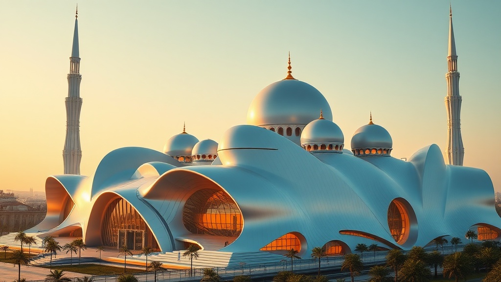 Futuristic mosque with a blend of modern and traditional elements, captured during golden hour