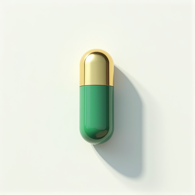 A green and gold capsule is placed on a smooth white surface.