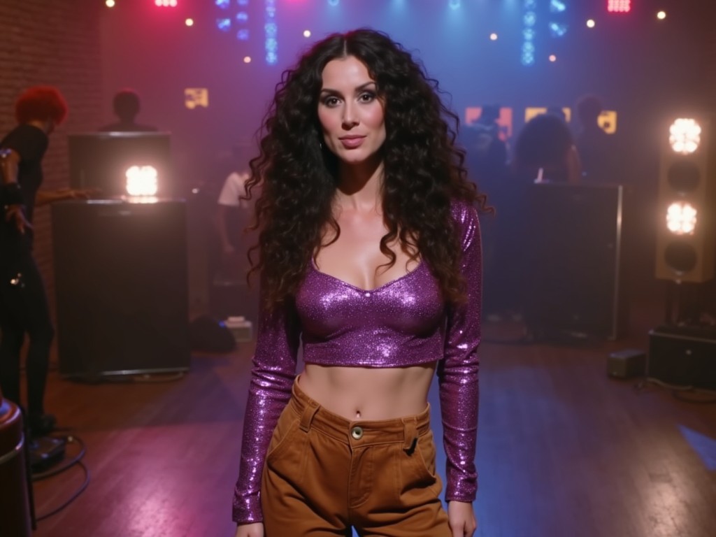 A woman with curly hair wearing a shiny purple crop top in a nightclub setting, surrounded by dim lighting and people in the background.