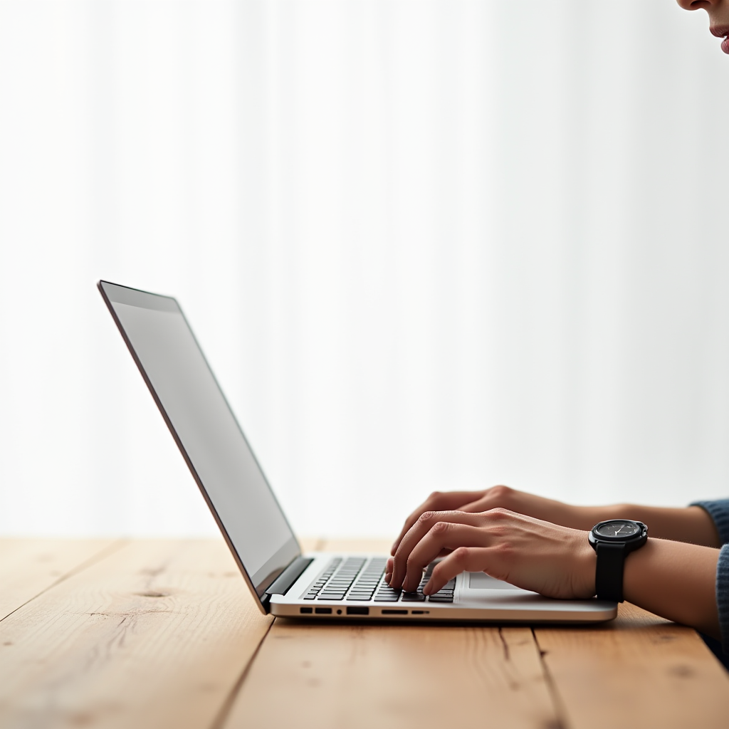 A person typing on a laptop at a wooden table, wearing a black watch, with soft natural lighting.