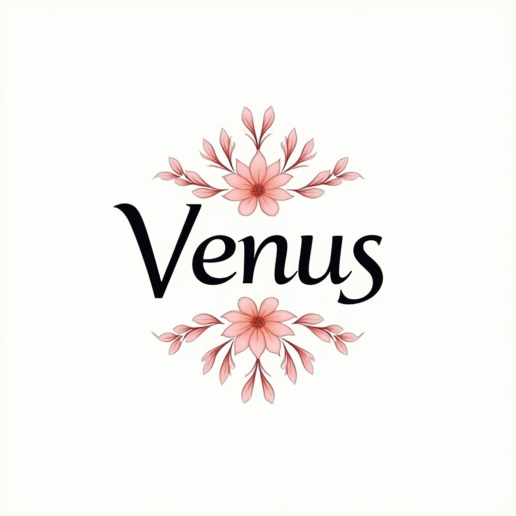 Logo design featuring 'Venus' in luxurious style with floral elements. Elegant typography and soft colors.