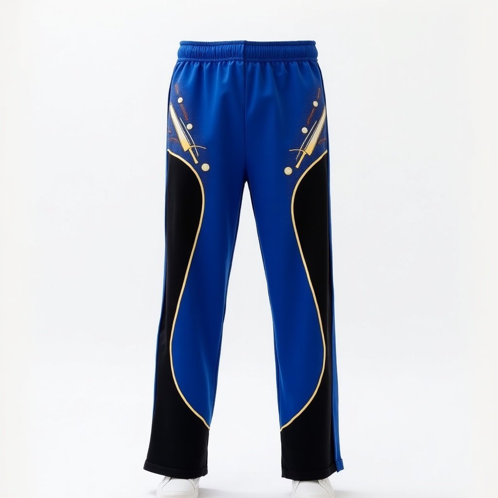 Fashionable cricket pants designed with sporty aesthetics. Primary colors consist of royal blue and black, with white and gold accents. Features subtle cricket motifs for added texture without overpowering the design.