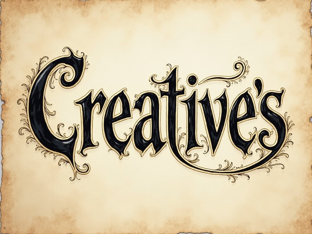 The image features the word 'Creative's' written in an ornate hand-written calligraphy style. The lettering is stylish and enhanced with flourishes, adding a decorative touch. The background is a textured, aged paper, contributing to a vintage aesthetic. This artistic representation emphasizes creativity and artistic expression. The colors used are soft and warm, primarily featuring beige and black tones.