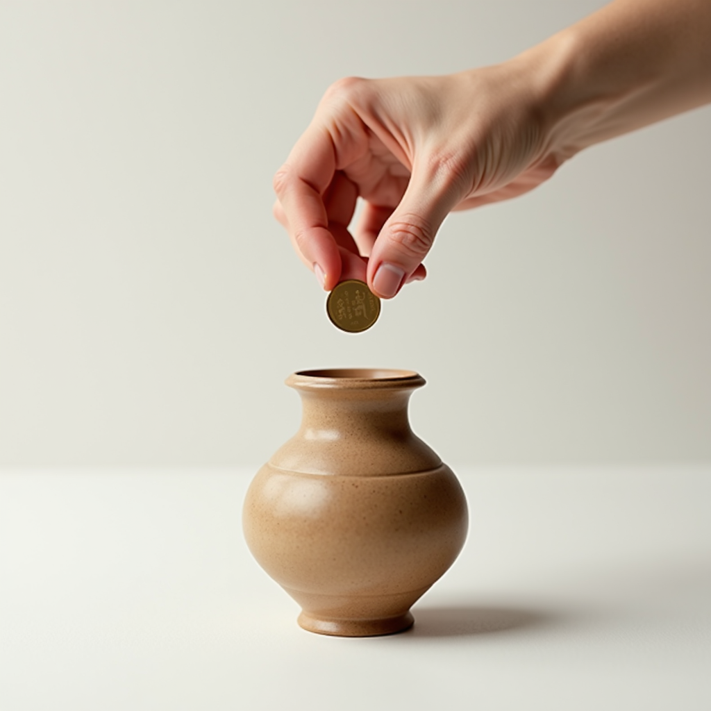 A hand is placing a coin into a small brown pot on a white surface.