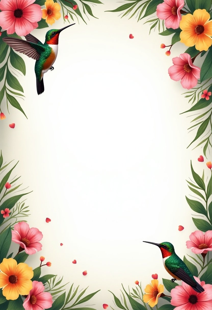 Horizontal photo frame design for a 30 by 40 cm photograph. Features colorful flowers and hummingbirds. Decorative border with vibrant nature elements.