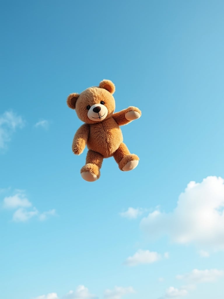 A teddy bear is airborne against a clear blue sky. The bear is plush and brown with a cheerful expression. Fluffy clouds decorate the sky. The image captures a whimsical moment of the bear seemingly flying.