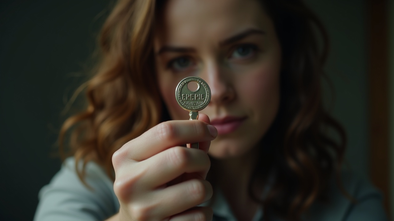 A close-up of a woman holding an intricate key, with a focus on the key and the woman's blurred face in the background.