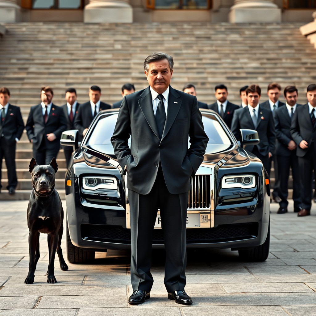 A well-dressed man stands confidently with a group of men and a luxury car.