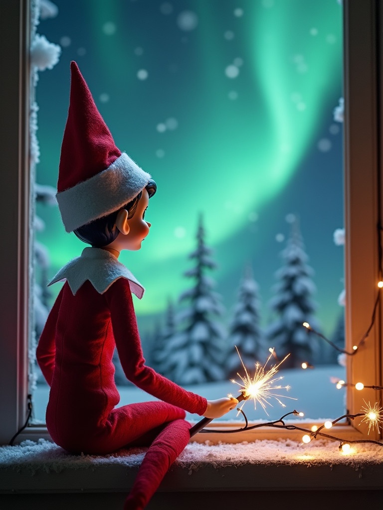 Elf on the shelf sitting on a window sill looking at the northern lights. Elf uses a wand to write in the sky. Background includes a snowy scene with Christmas trees and festive lights.