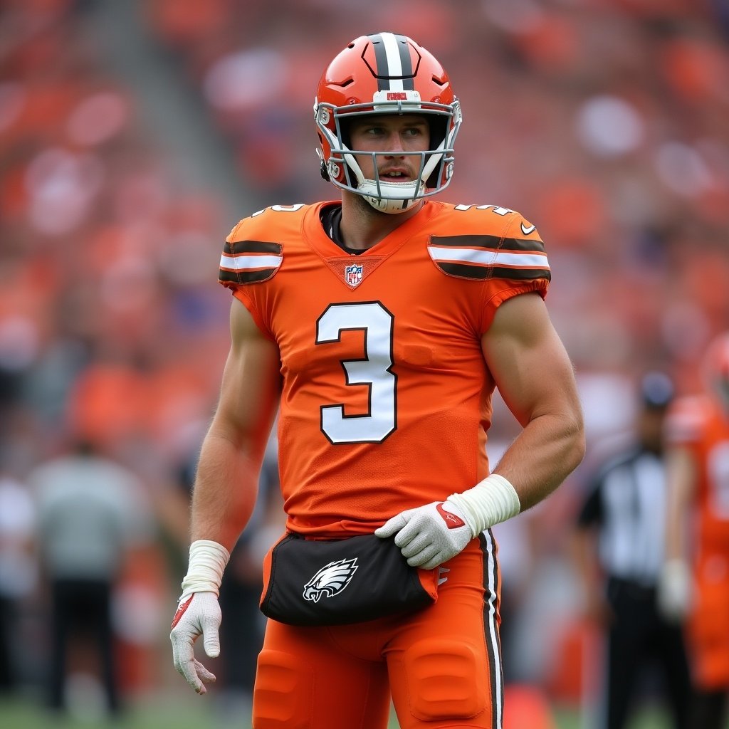 NFL player wearing orange jersey stands on the field. Bold design of football uniform highlighted. Team pride evident in the colors used. Photograph captures the intensity of the game atmosphere.