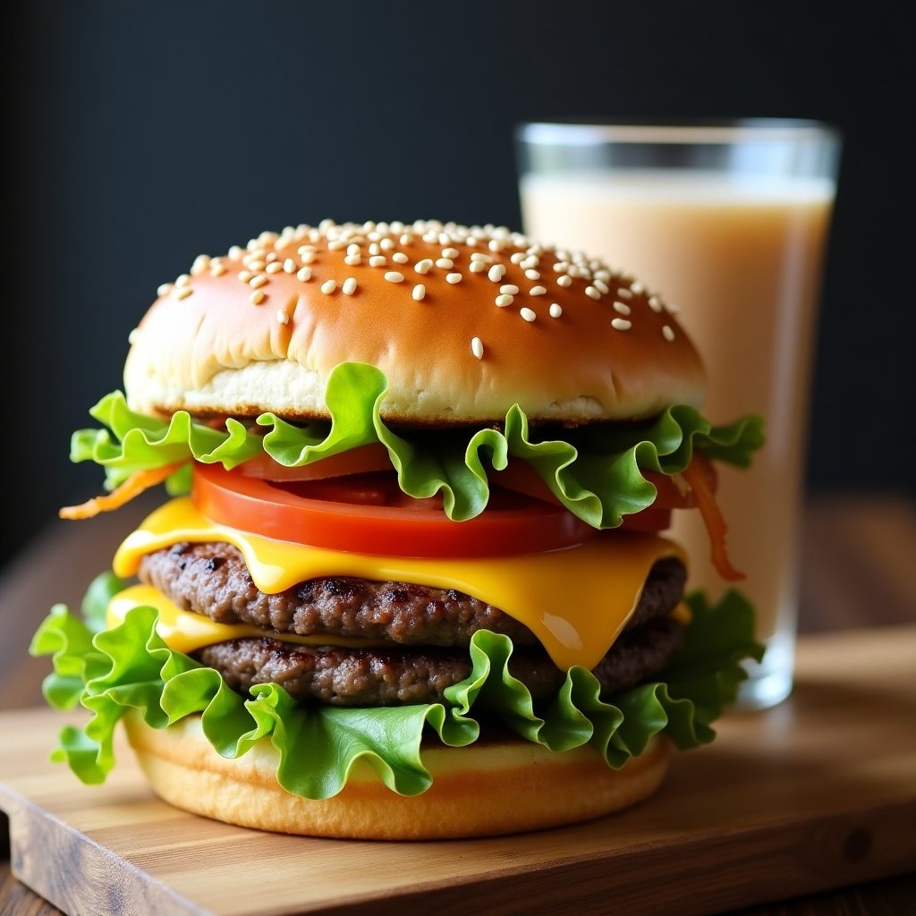 A close-up image showcasing a large cheeseburger with lettuce, tomato, and two patties, alongside a glass of milktea on a wooden surface.