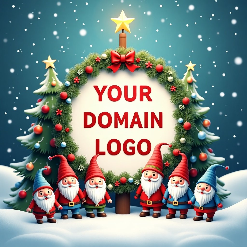 Whimsical winter scene with cheerful gnomes. Gnomes in colorful outfits stand beside beautifully decorated Christmas tree, adorned with ornaments and twinkling lights. Circular area in center has text 'YOUR DOMAIN LOGO', framed by festive greenery. Snowy landscape background enhances magical holiday atmosphere.