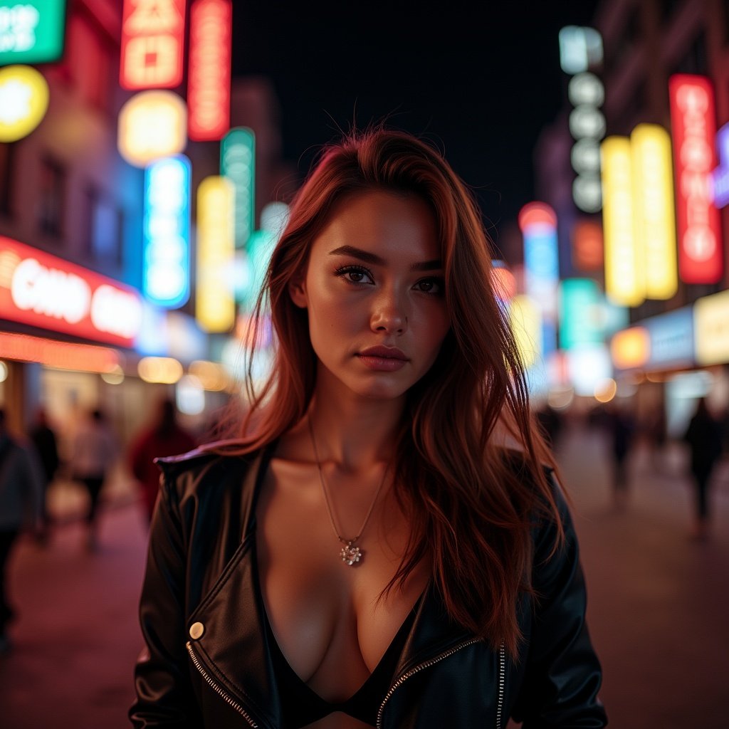 Young woman standing confidently on a bustling street at night with vibrant neon signs glowing in the background. Poised expression captivatingly accentuated by warm lighting and shadows on her face. Urban setting adds dynamic vibe to the scene.