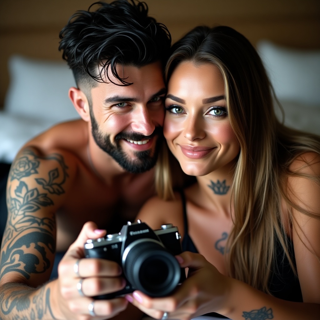 A couple lies closely on a bed, smiling affectionately while holding a camera. The scene captures their intimate bond, showcasing the joy they share. The man has black short wet messy hair and a well-defined beard, highlighting his muscular build. The woman, with long straight brownish-blonde hair, has striking hazel-blue eyes and looks glamorous with her makeup. Together, they embody a passionate moment, capturing memories with a camera.