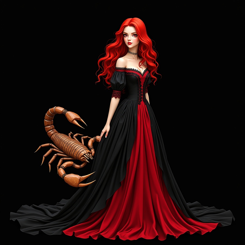 A stunning image of a human girl with long, flowing red hair. She wears a beautiful long dress that is half red and half black, creating a striking contrast. Next to her is a large scorpion, intricately detailed and matching the theme of the image. The background is completely black, emphasizing the colors of the dress and the girl’s vibrant features. This illustration captures elements of fantasy and gothic aesthetics harmoniously.