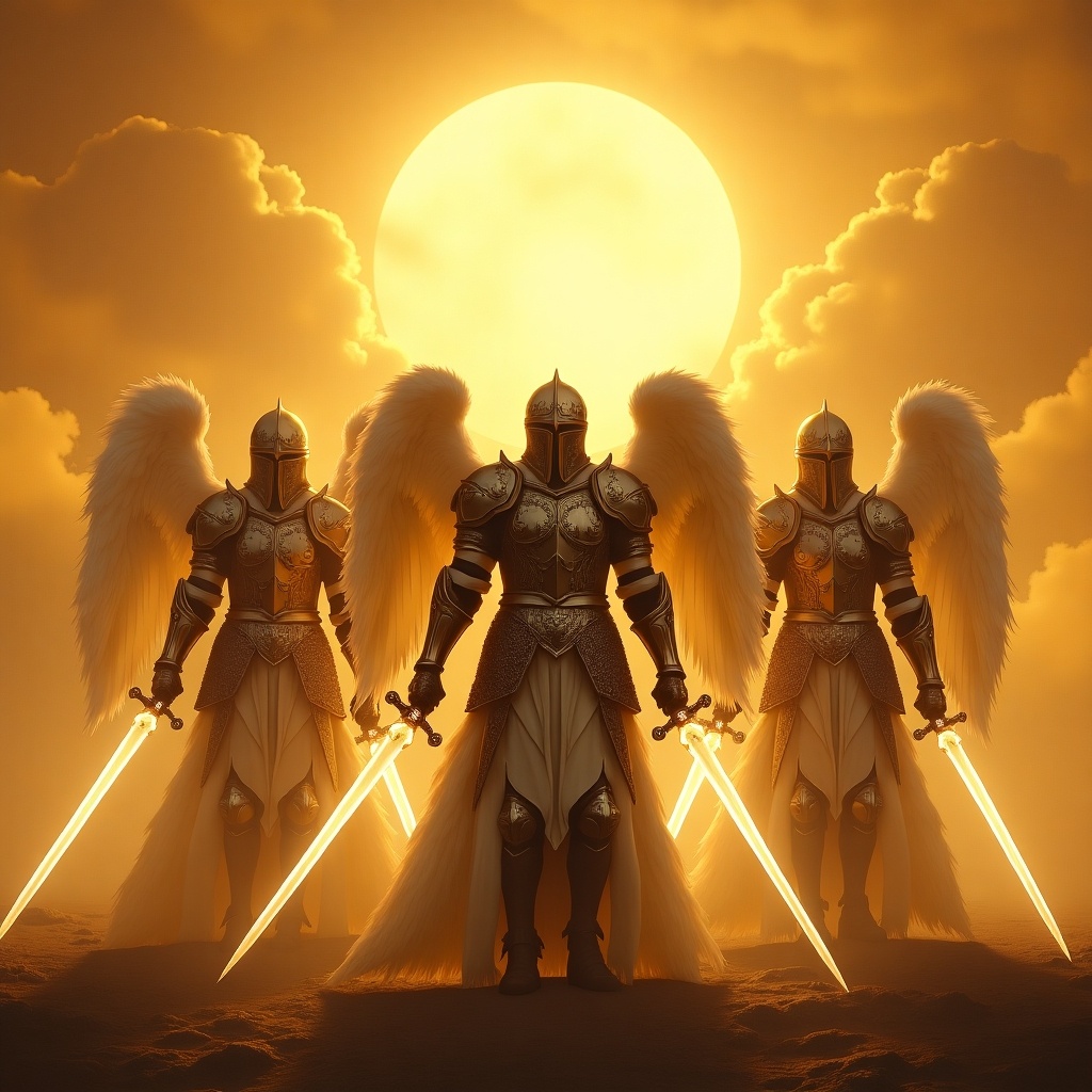 Dramatic scene of angelic knights in ornate armor. Standing against a golden sky. Equipped with luminous swords. Feathered wings showcased. Setting suggests celestial battleground. Orange and yellow hues of setting sun cast warm glow. Ethereal and majestic atmosphere.