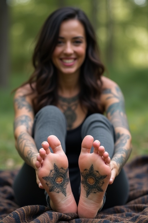 A mature goth woman shows tattooed soles of bare feet. She sits on a blanket outdoors. The focus is on her feet with prominent tattoos. She's smiling.