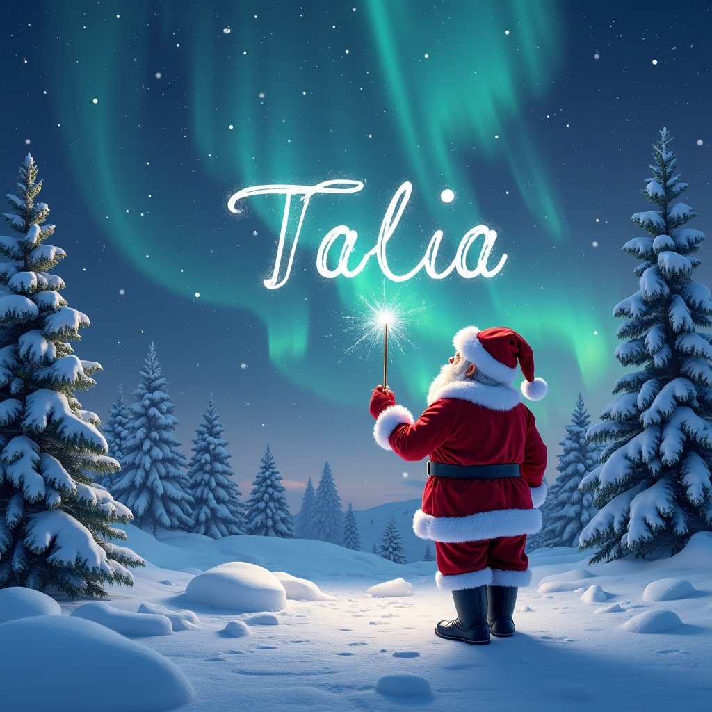 This image features Santa Claus with his back to the viewer, standing in a snowy landscape. He is facing the sky, using a wand to magically write the name 'Talia' in the air. The backdrop showcases a stunning winter scene filled with vibrant northern lights, arching across a clear, starry sky. The atmosphere radiates holiday cheer and enchantment, perfect for the festive season. Snow-covered trees frame the scene, enhancing the magical feel.