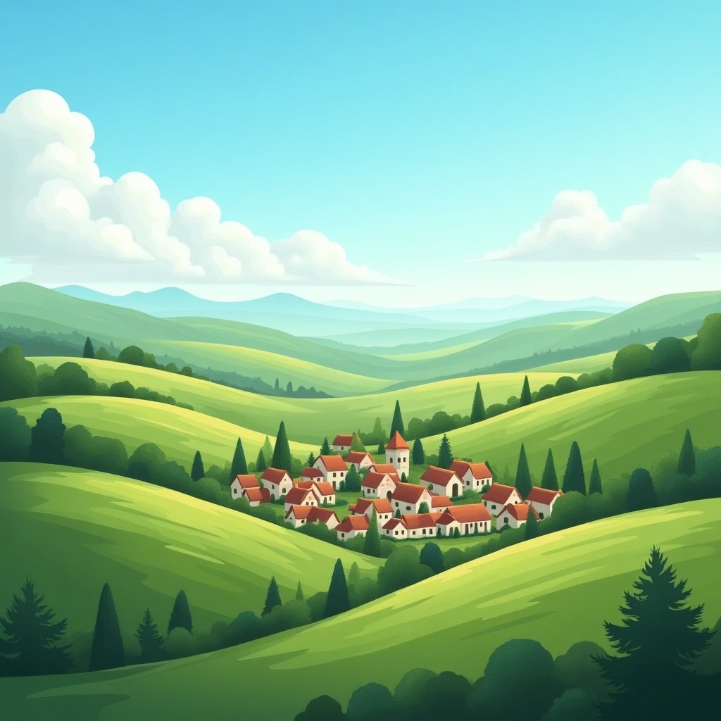 A serene village is nestled in a green landscape with rolling hills. The sky is bright and clear with fluffy clouds, creating a peaceful atmosphere.