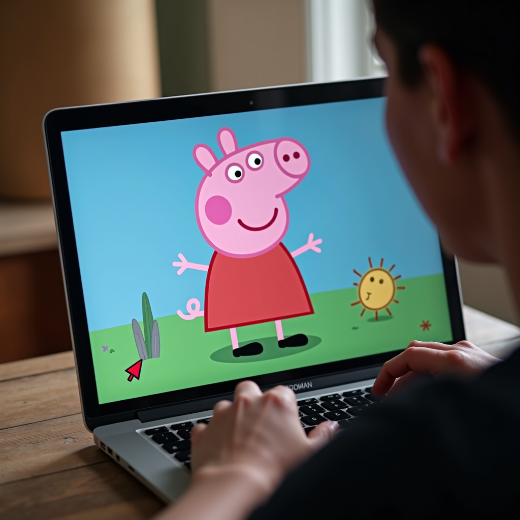 A person is viewing a cartoon character on a laptop screen, showing an animated pink pig wearing a red dress in a colorful setting.