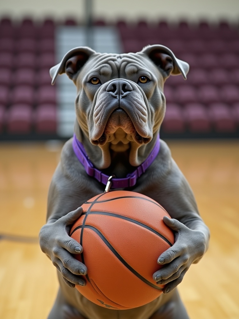 An adult gray Bulldog with a purple collar holds a basketball. The background showcases a high school gym with bleachers. The dog posed confidently in a sports setting.