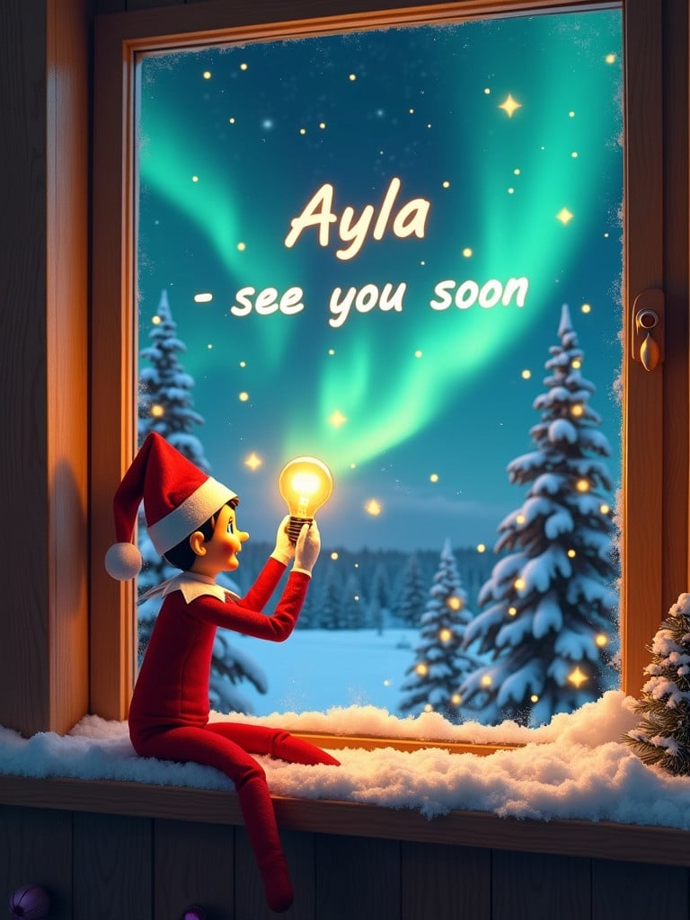 A cheerful elf on a shelf sits by a window during winter. The elf gazes at northern lights in the sky. The elf holds a bright light bulb and looks excited. The text 'Ayla - see you soon' glows in the sky. Snow and holiday decorations are on the window ledge. The view shows snow-covered trees. It captures the spirit of the festive season and anticipation of Christmas.