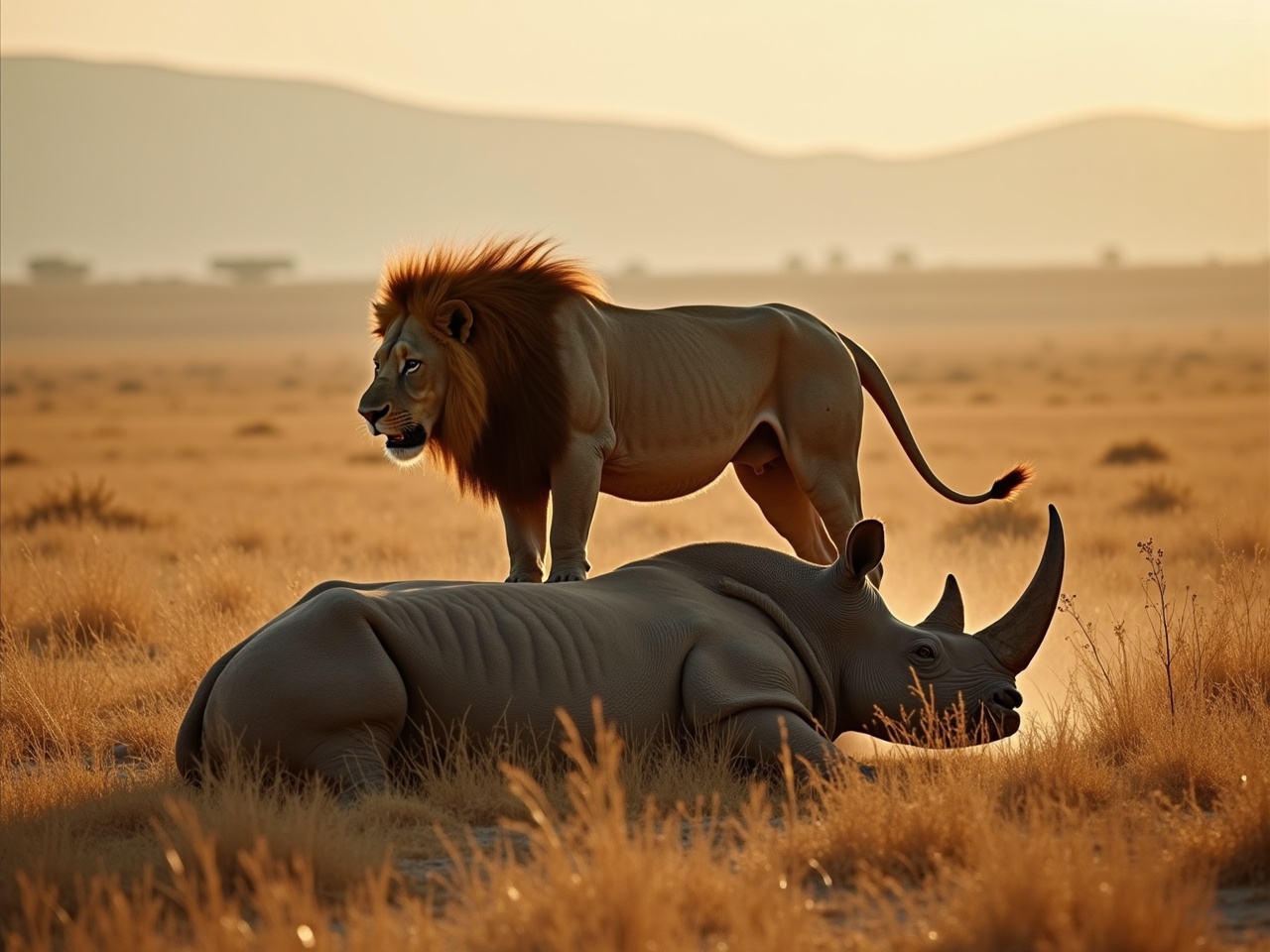 The scene depicts a lion standing triumphantly over a lying rhino in the savanna. The landscape stretches out with golden grasses and a soft, warm light bathing the scene. The lion, poised and majestic with a flowing mane, embodies strength and dominance. The rhino rests, suggesting defeat, highlighting the tension between the two animals. This powerful moment captures the essence of wildlife interactions, showcasing nature's raw beauty and drama.