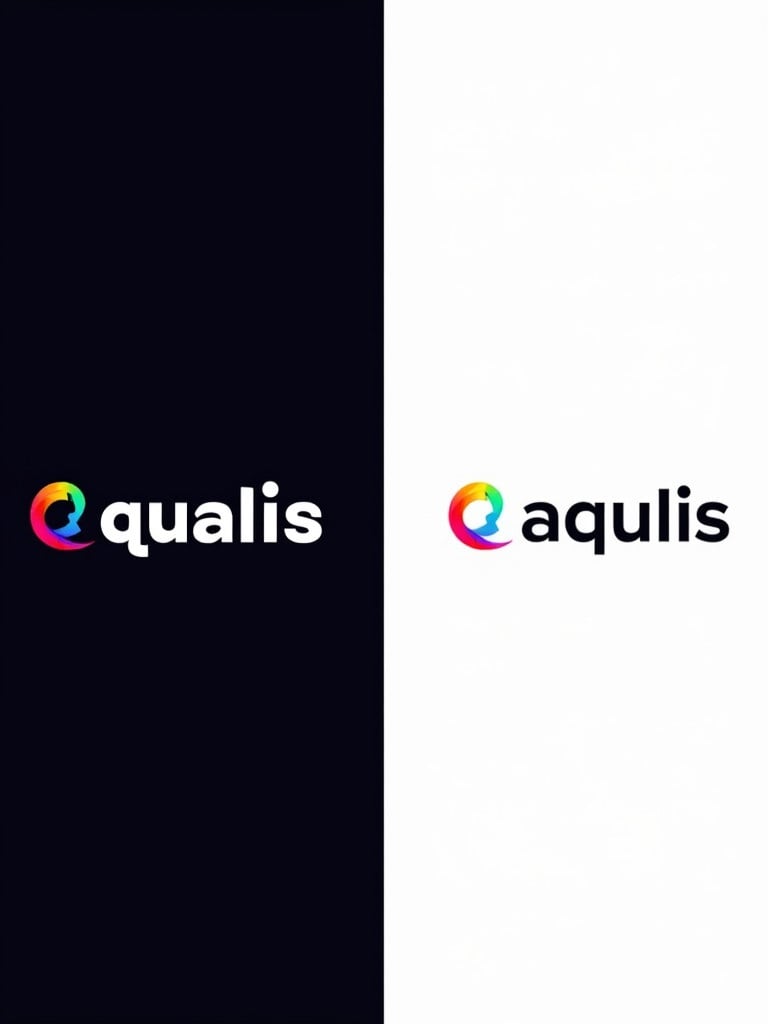 Image shows two logos side by side. Left logo states qualis with dark background. Right logo states aqualis with light background. Logos feature vibrant colors and a circular swirl design. Modern sleek font enhances aesthetics. Colors and shapes create striking visual appearance.