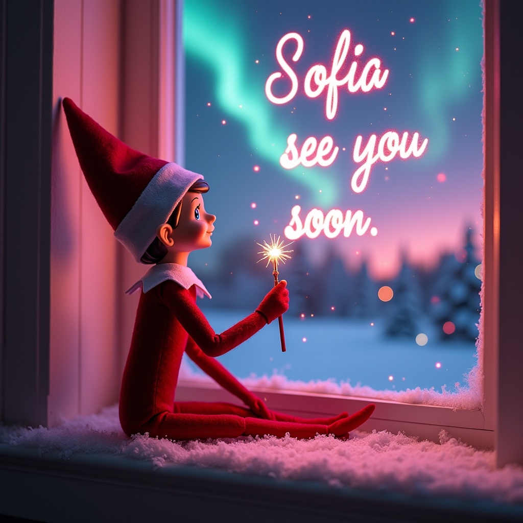 This image captures a charming scene featuring a girl elf on the shelf. The elf is dressed in a classic red outfit and is positioned with its back to the viewer. It gazes upwards towards a captivating sky illuminated by vibrant northern lights. In one hand, the elf holds a magic wand, which it uses to elegantly write sparkling letters above. The snowy ground enhances the serene and magical atmosphere of this holiday moment.