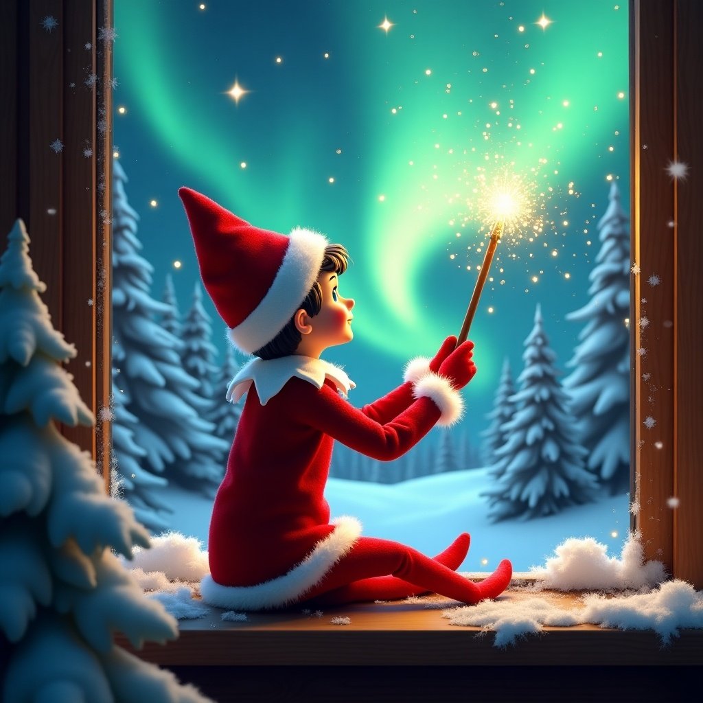 The image features an adorable elf on the shelf sitting on a window ledge, with his back turned to the viewer. He is using a magical wand to create twinkling sparks while looking up at a stunning display of northern lights. The background is set in a winter wonderland, filled with snow-covered pine trees, conjuring a festive holiday feel. Dressed in a vibrant red outfit with white trim, the elf embodies the Christmas spirit. The scene is illuminated by the enchanting colors of the aurora borealis, enhancing the magical ambiance.