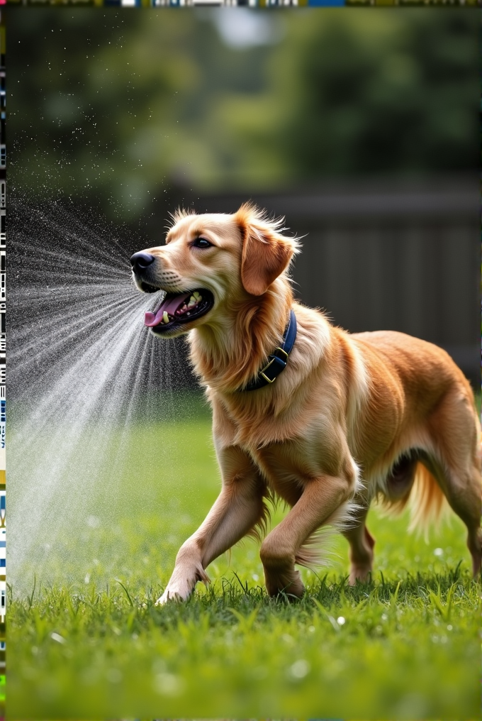 A joyful golden retriever is playfully interacting with water sprinkles in a vibrant green garden.