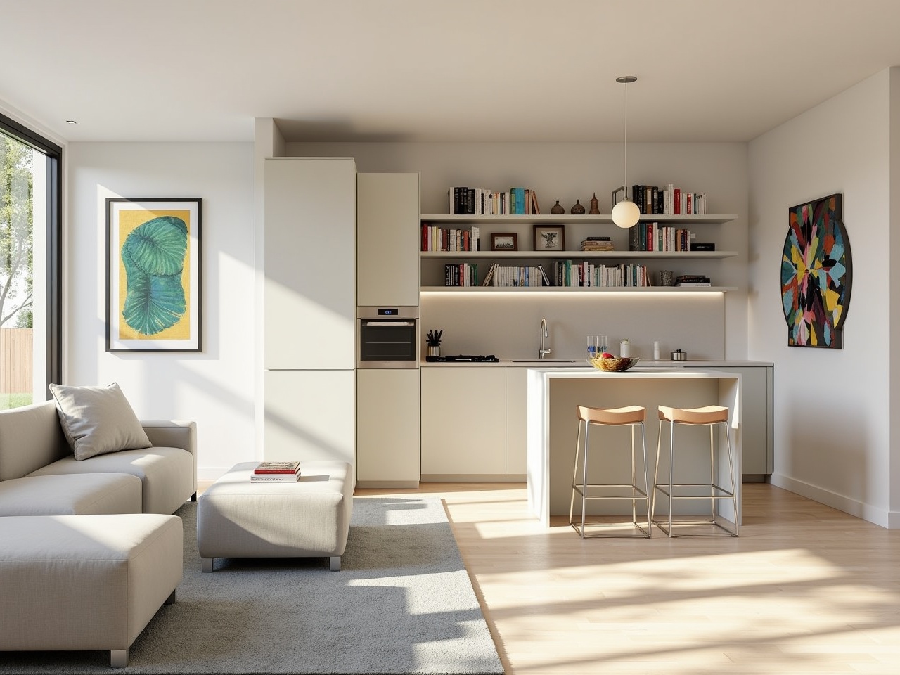 The image features a modern, minimalist kitchen and living space. The kitchen has sleek, light-colored cabinetry and a simple countertop with two stools. A library wall is present, showcasing shelves filled with books, but now there are additional displays, including small decorative items like vases and photo frames, adding more character and warmth. The room is illuminated with soft lighting, creating a cozy atmosphere. Bright artwork adorns the walls, contrasting with the neutral tones of the furniture.